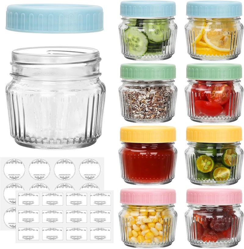 Cehomi Glass Regular Mouth Mason Jars, Mini Mason Jars 4 oz, 8 Pack Clear Glass Jars with Colorful Plastic Lids, Small Canning Jar for Spice, Jam, Honey, Jelly, Dessert - Image 1